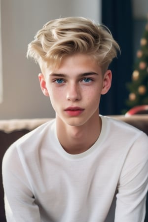 an 18 years old handsome cute blond boy, wear christmas costume, christmas, christmas decoration, christmas tree, sharp focus, finely detailed eyes and face, short hair, fade haircut, male_only, sharp skin, masterpiece, photorealistic, ultra-detailed, fine skin detail, best, super fine, best quality, ultra highres, 8k, RAW photo, cute blond boy,
