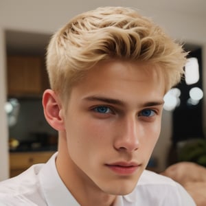 a 18 years old handsome cute blond boy at home, sharp focus, finely detailed eyes and face, short hair, fade haircut, male_only, sharp skin, masterpiece, photorealistic, ultra-detailed, fine skin detail, best, super fine, best quality, ultra highres, 8k, RAW photo, Maxalexanderschmidt