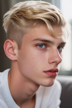 from side, a 18 years old handsome cute blond boy standing on a massive floral landscape, sharp focus, finely detailed eyes and face, short hair, fade haircut, male_only, sharp skin, masterpiece, photorealistic, ultra-detailed, fine skin detail, best, super fine, best quality, ultra highres, 8k, RAW photo, cute blond boy,