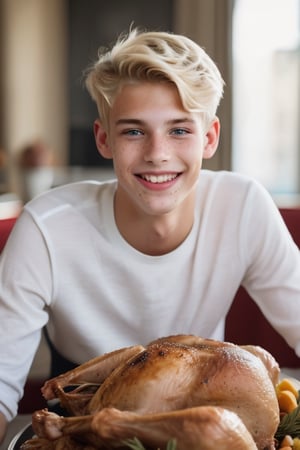 an handsome cute blond boy, smile, (eating a roast turkey on the table at the dinning room:1.3), sharp focus, short hair, fade haircut, male_only, sharp skin, cute blond boy,
