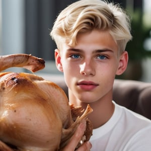 an handsome cute blond boy, (holding a roast turkey:1.3), sharp focus, finely detailed eyes and face, short hair, fade haircut, male_only, sharp skin, cute blond boy,