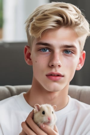 a 18 years old handsome cute blond boy, holding a fuzzy cute little hamster stuffed toy at home, sharp focus, finely detailed eyes and face, short hair, fade haircut, male_only, sharp skin, masterpiece, photorealistic, ultra-detailed, fine skin detail, best, super fine, best quality, ultra highres, 8k, RAW photo, cute blond boy,