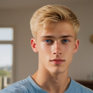 a 18 years old handsome blond man at home, sharp focus, finely detailed eyes and face, short hair, fade haircut, male_only, sharp skin, masterpiece, photorealistic, ultra-detailed, fine skin detail, best, super fine, best quality, ultra highres, 8k, RAW photo, Maxalexanderschmidt