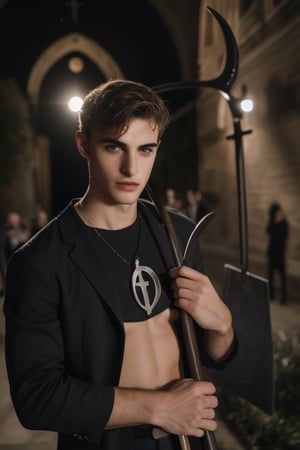 a handsome italian man, (in front of church, holding a grimreaper scythe, moonlight:1.4), sharp focus, short hair, fade haircut, sharp focus, finely detailed eyes and face, shirtless, short hair, male_only, add noise, sharp skin, masterpiece, photorealistic, best, best quality, male, handsome, Movie Still, Cinematic, Cinematic Lighting, Film Still, Cinematic Shot, handsome italian,