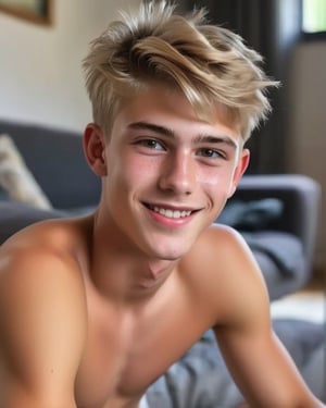 an 18 years old handsome cute blond boy, shirtless, sitting at home, smile, sharp focus, finely detailed eyes and face, short hair, fade haircut, male_only, sharp skin, masterpiece, photorealistic, ultra-detailed, fine skin detail, best, super fine, best quality, ultra highres, 8k, RAW photo
