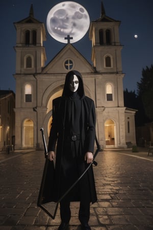 a handsome italian man, (in front of church, holding a grim reaper scythe, under moonlight:1.4), sharp focus, short hair, fade haircut, sharp focus, finely detailed eyes and face, shirtless, short hair, male_only, add noise, sharp skin, masterpiece, photorealistic, best, best quality, male, handsome, Movie Still, Cinematic, Cinematic Lighting, Film Still, Cinematic Shot, handsome italian,