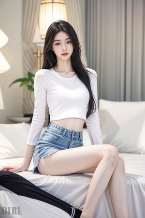 30-year-old mature beauty, Chinese, ((slim waist)), thin waist, ((slim belly)), ((abs)), ((slim body: 1.4)), ((slim waist)), thin Waist, ((slender legs)), ((gentle expression)), slender figure, (black hair: 1.2), very long hair, (thin legs: 1.5), E cup, soft chest, chiffon white shirt, wear Pink A-line skirt, high-dignity photography, simple and simple, height 172cm, weight 49kg, indoors, sitting on a clean mattress or mat, elegant,<lora:659111690174031528:1.0>