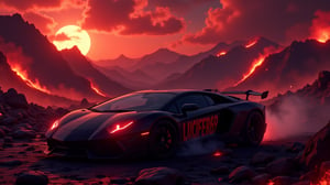 A devilish lambo parked in hell, scary headlights, fiery mountains, burning sun, volcanoes, horned car,smoking,(a clear  text "LUCIFER69" carved  on side of the car),epic desktop wallpaper,flawless, cool,dark mode,trending wallpaper,devilish,isometric view,3D,aidmatextimprover,noc-landscape,DonM3l3m3nt4lFX, carved with text:"LUCIFER69",aidmaTextImprover, red headlams, scary,