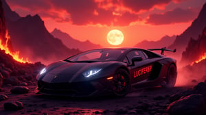 A devilish lambo parked in hell, scary headlights, fiery mountains, burning sun, volcanoes, horned car,smoking,(a clear  text "LUCIFER69" carved  on side of the car),epic desktop wallpaper,flawless, cool,dark mode,trending wallpaper,devilish,isometric view,3D,aidmatextimprover,noc-landscape,DonM3l3m3nt4lFX, carved with text:"LUCIFER69",aidmaTextImprover,