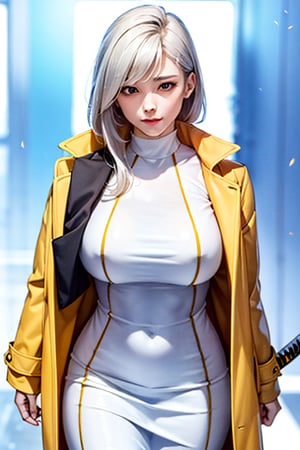 1woman, (caucasian:1.5), feminine mechanical armor body, glowing blue eyes, beautiful white hair, ((very detailed yellow leather long coat)), ((white bodycon dress inside the coat)),(holding a katana), in the background there is blue: green light emitted from her shadow, light particle around the background, protocol, you type a no. 2,blurry_light_background, soaked clothes, moist body , fucking