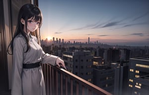 A 20-year-old woman with long black hair.
A lonely look,
Wearing a colorful dress suit,
A girl is looking at the night view of Tokyo from the balcony.
A city lined with buildings.
the setting sun,
Sky at 7pm