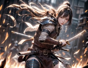 sword girl.
A background filled with flames.
Snowstorm.
samurai.,battoujutsu