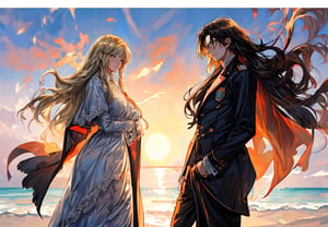 A man and a woman are looking at each other on the beach with the setting sun in the background. The man is wearing a military suit, and the woman is wearing a dress with lots of frills and lace. Anime watercolor illustration.