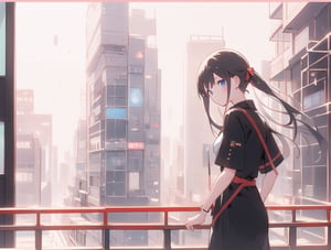 A girl is looking at the Tokyo skyline from the balcony.
A city lined with buildings.
