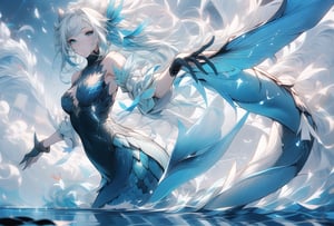 mermaid,
Long white hair, hair that gets tousled in the wind,
Holds a three-pronged spear in her right hand
Swim in the water like a fish,
In the bright ocean,
dynamic pose,
tropical fish