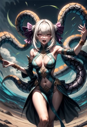 Lamia,
A snake's tail and a snake's tongue appear in place of a woman's legs.
Whole body, dynamic pose,
Attack with the tail,
desert,