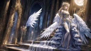 Angels, goddesses, golden embroidery, long dresses, frills,
big white wings, iron mask
Cathedral,
Stained glass,
full moon,