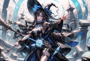 Magician girl, long black hair, witch hat,
A pose with arms outstretched, holding a cane with a blue gemstone on it.
Magic Circle,
ice temple,