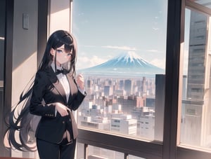 A 20-year-old woman with long black hair.
Wearing a suit that looks like a dress,
A girl is looking at the Tokyo skyline from the balcony.
A city lined with buildings.
Mt. Fuji can be seen faintly through the gap between the buildings.
