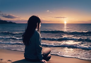 A girl sitting on the sandy beach.
Her long hair is swaying in the wind as she shines golden in the setting sun.
She is watching the sunset over the sea.