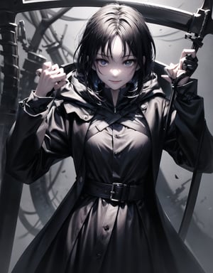 Shinigami is an 18-year-old girl.
She draws the whole body.
She holds a scythe in front of her body, which is bigger than the girl's.
A bewitching smile.
she has long black hair.
A black coat with a hood.