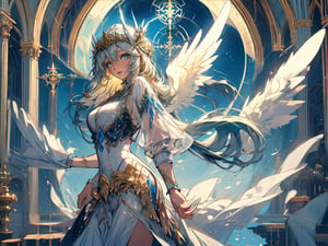 angel, goddess, golden embroidery,
big white wings,
Cathedral,
Stained glass,
full moon,