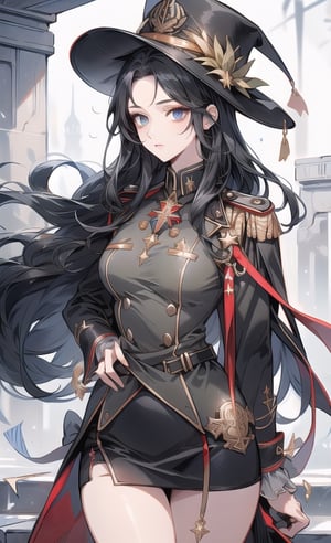 A woman wearing a miniskirt military uniform,
20 years old, long black hair,
wearing a hat,
her medal is on her chest
has a whip,
Inside the base,