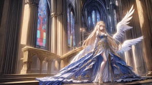 Angels, goddesses, golden embroidery, long dresses, frills,
big white wings,
Cathedral,
Stained glass,
full moon,1 girl