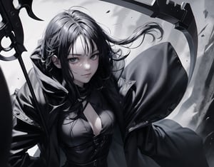 Shinigami is an 18-year-old girl.
She draws the whole body.
She holds a large scythe in front of her.
A bewitching smile.
she has long black hair.
A black coat with a hood.