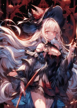 (Delicate description drawn with sharp lines: 1.8)
Magician girl, long white hair, finely drawn hair expression,
A black dress with red embroidery all over it, a witch's hat,
The girl is holding a cane with a blue gem on it,
dynamic pose,
A magic circle, water dancing in the air,
water temple,