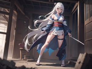 Top quality, super detailed 8k CG rendering, masterpiece, high resolution, highly detailed,
Silver-haired samurai girl,
Battle-wounded and torn kimono
Metropolis, 1 girl with very long hair and blue eyes, 
Full body, 1 girl