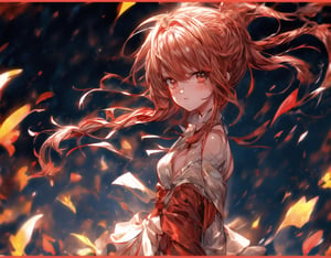 Red Samurai Sword Girl.
A background filled with flames.
Snowstorm.