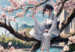 Peach blossoms in full bloom.
A girl climbing a tree.
She is wearing a long white kimono.
She is wearing a kimono with a floral pattern.
she is sitting on a branch.