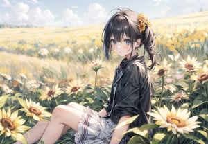 A girl sitting in a flower field.
She spreads her frilly skirt and sits down.
colorful flowers.