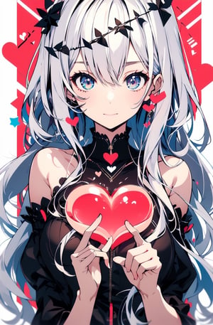 Maid girl, pink maid outfit, 16 year old girl,
Make a heart symbol using both hands,
Long silver hair,
Draw the whole body,