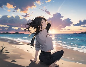 A girl sitting on the sandy beach.
Her long golden hair is swaying in the wind.
She is watching the sunset over the sea.