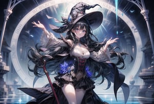 Magician girl, long black hair, witch hat,
A pose with arms outstretched, holding a cane with a blue gemstone on it.
Magic circle, water dancing in the air,
water temple,