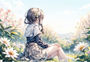 A girl sitting in a flower field.
She spreads her frilly skirt and sits down.
colorful flowers.,maidane, twin braids,perfect light,CrclWc