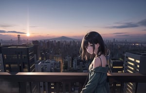 A 20-year-old woman with long black hair.
A lonely look,
She is wearing a colorful off-shoulder dress suit.
A girl is looking at the night cityscape of Tokyo from the balcony.
A city lined with buildings.
Mt. Fuji can be seen faintly through the gap between the buildings.
the setting sun,
Sky at 7pm