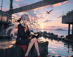 A girl sitting on the breakwater.
Her long golden hair is swaying in the wind.
She is watching the sunset over the sea.