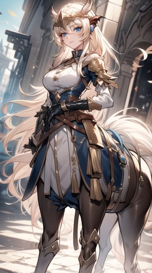 1girl, solo, fantasy, creature, (((centaur, monster girl))),
union of the girl's torso and the horse's body,
20yo, blonde hair, middle hair, drill hair, blue eyes, 2 arms, medium breasts,
4 legs on horse body, BREAK.
altyn helmet, chest protector, gauntlets,
outdoor,