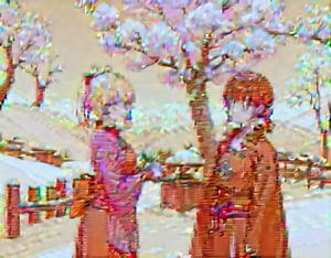 A girl wearing a bright red kimono. She is wearing a kimono with a floral pattern.
She has long black hair.
samurai girl.
she is facing forward.
Standing under a row of snow-covered cherry trees.
first visit to shrine,see-through kimono,kamisato_ayaka