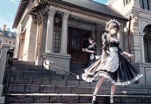 A girl wearing a classic maid outfit.
She is standing on the steps of a large mansion.