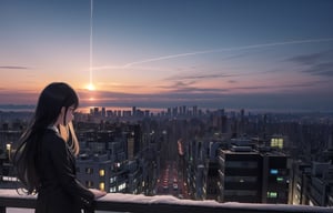 A 20-year-old woman with long black hair.
A lonely look,
Wearing a colorful dress suit,
A girl is looking at the night view of Tokyo.
A city lined with buildings.
the setting sun,
Sky at 7pm