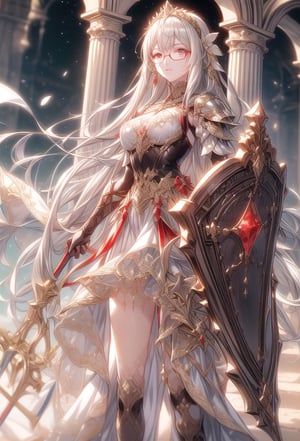 Princess knight, silver hair, tied hair,
Armor like a tiara,
gold metal glasses
Hair tousled by the wind,
white dress with red embroidery with metal,
crystal temple, stained glass,
A large and heavy sword and a heavy shield