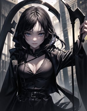 Shinigami is an 18-year-old girl.
She draws the whole body.
She holds a large scythe in front of her.
A bewitching smile.
she has long black hair.
A black coat with a hood.