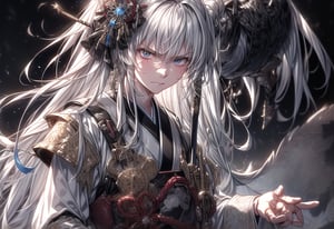 Very detailed drawing.
A silver-haired girl.
A samurai in a white kimono with a sword scar.
Injured. Glaring at his opponent.
A demonic expression.
