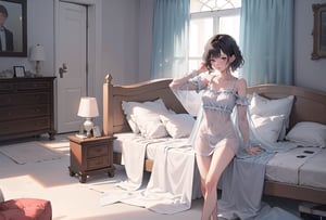 A 20-year-old woman wearing a transparent nightgown,
disheveled clothes
A room with a bed,
Draw her whole body,glass,Dreamwave