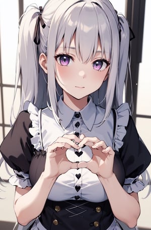 Maid girl, pink maid outfit, 16 year old girl,
Make a heart symbol using both hands,
Long silver hair,
Draw the whole body,1 girl