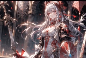 Princess knight, silver hair, tied hair,
Hair tousled by the wind,
white dress with red embroidery with metal,
crystal temple, stained glass,
Large Sword & Large Shield